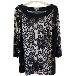JM Collection Elegant Black and Cream Patterned Blouse